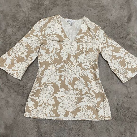 Silk Assets Women Floral Mini Dress L Beige White Bell Sleeve 70% Silk 30% Linen - Picture 1 of 11